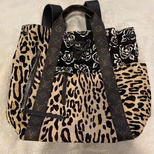 Athentic Upcycled Leopard Print Rosette Fur Women's Large Backpack